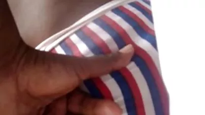Cumming blonde on boobs in the entrance